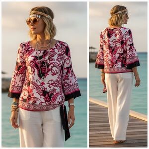 Joseph Ribkoff 6 Barbiecore Whimsigoth Boho Paisley Vacation Bell Sleeve Blouse